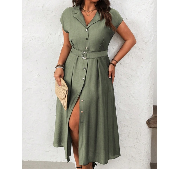  Plus Solid Button Down Belted Short Sleeve Midi Dress - Picture 1 of 10